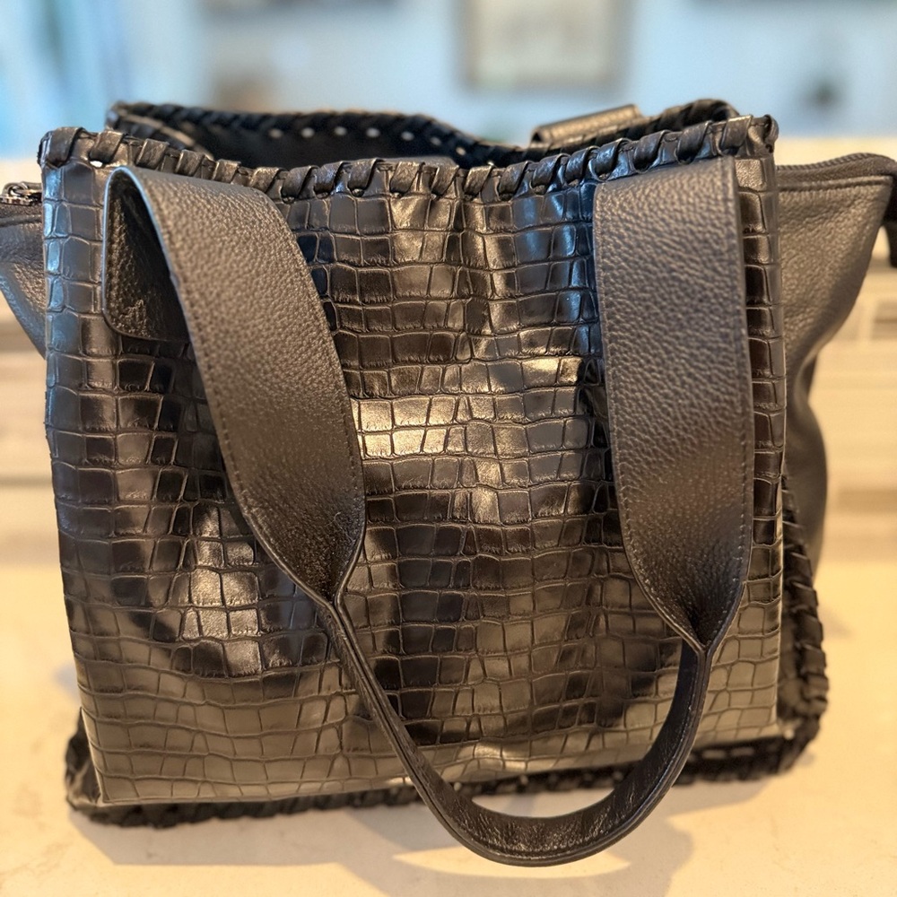 Laggo "Giselle" Black Croco Print Whip Stitch Crossbody Shoulder Bag
